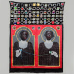 Market Hair (No. 1)
120 x 150 cm
Acrylic, jute sack, paper collage, badge pins, gold leaf, thread and ropes
2025