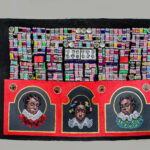 Market Hair (No. 2)
120 x 150 cm
Acrylic, ropes, thread, badge pins, paper collage and gold leaf on neoprene rubber 
2025